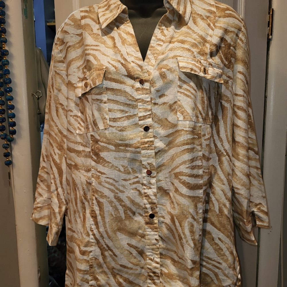 Linen Button Up Shirt Blouse 3/4 Sleeve Size 14 White Tan Safari